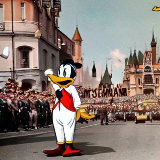 Image similar to historic colorized photograph of donald duck at a nazi parade in 1 9 3 6