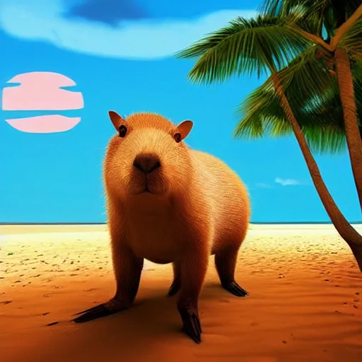 Prompt: “capybara and bunny with black spots on face and nose, on the beach with blue water and white sand, swaying palms, photorealistic render, colorful sunset, unreal engine 5, dynamic lighting, trending on artstation,”