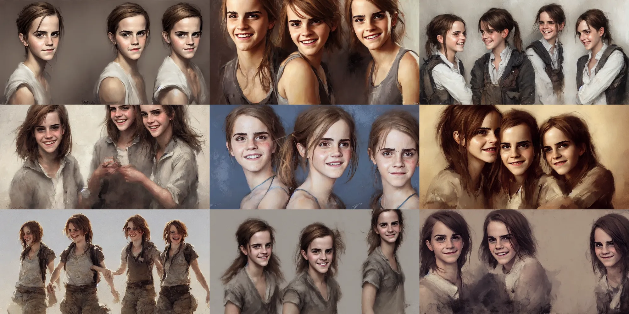 Prompt: portrait emma watson identical twins smiling greg rutkowski james gurney