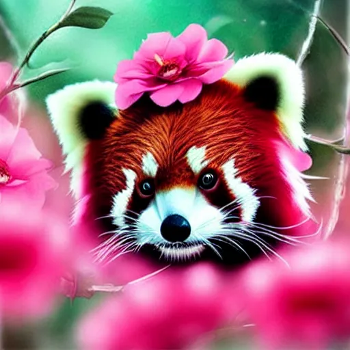 Image similar to cute red panda and pink flowers, digital art, hyperrealistic, warm lighting, lovely