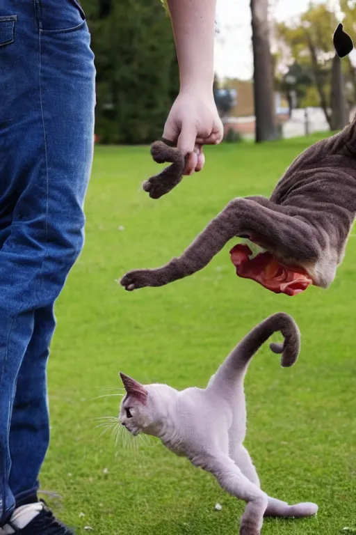 Prompt: a photo of young man falling from walking over a hairless cat