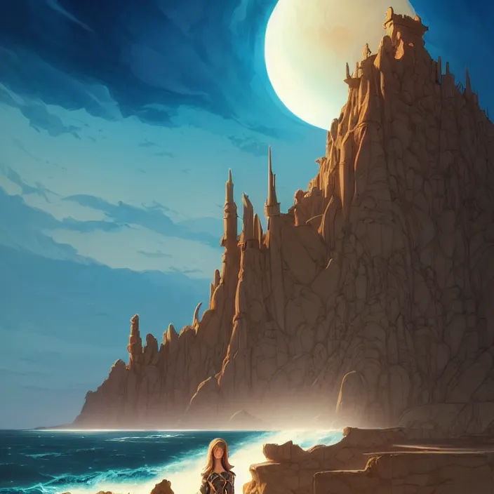 Image similar to style artgerm, joshua middleton, gerald brom, a giant brown stone castle in the desert, very long spires, sand swirling, detailed, ocean background setting, volumetric lighting