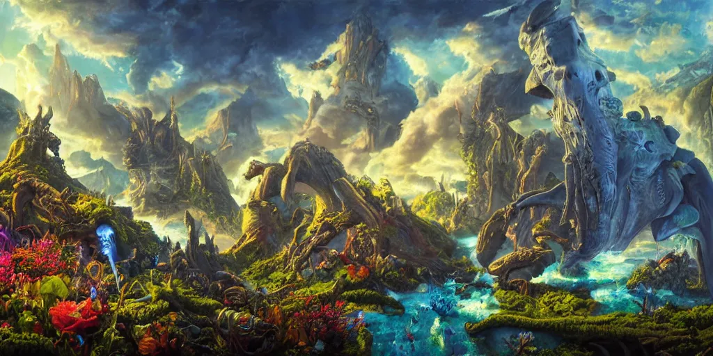 Image similar to fantasy oil painting, great leviathan, cybernetic turtle cephalopod terrapin reptilian pachyderm squid, bella hadid, hybrid, milla jovovich, anubis, epic natural light, lush plants flowers, spectacular mountains, bright clouds, luminous sky, outer worlds, golden hour, michael cheval, edward hopper, michael whelan, vray, hd