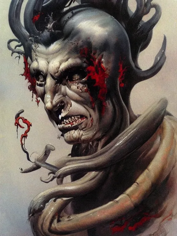 Prompt: painting by frank frazetta of a flying sorrowful looking human head with tears running down it's eyes, face that is chalk white in color, with long sprawling white tentacles stemming down it's neck, fiery scorching red eyes, flying in a terrying hellish dark cavernous place