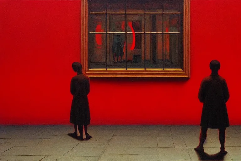 Image similar to only with red, crowd cheering at the sight of a painting, in a city square, in the style of beksinski, parts by edward hopper, parts by rodcenko, parts by yue minjun, intricate and epic composition, red by caravaggio, insanely quality, highly detailed, masterpiece, red light, artstation, 4 k