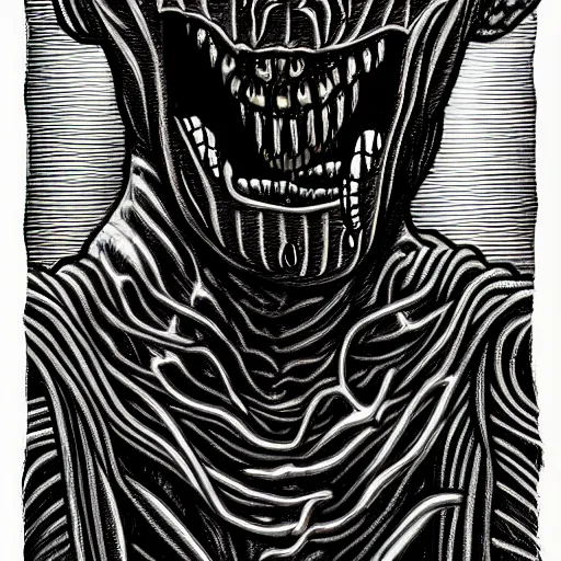 Image similar to a dark humanoid, hyper detailed, in the style of h. r. giger and junji ito and h. r. giger and junji ito, selfie