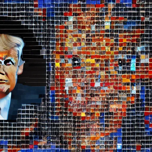 Image similar to portrait mosaic of trump with robot eyes, 4k, intricate details, digital, heaven and hell