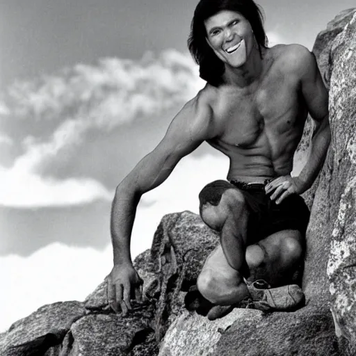 Prompt: shirtless kenneth copeland mountain climbing extreme sport