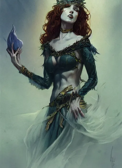 Image similar to tarot!!, fairy queen, fantasy medieval, no noise, elegant, concept art, sharp focus, beautiful face!!, digital art, smooth defined outlines!!, by Brom, trending on Artstation, Tom Bagshaw, Sargent