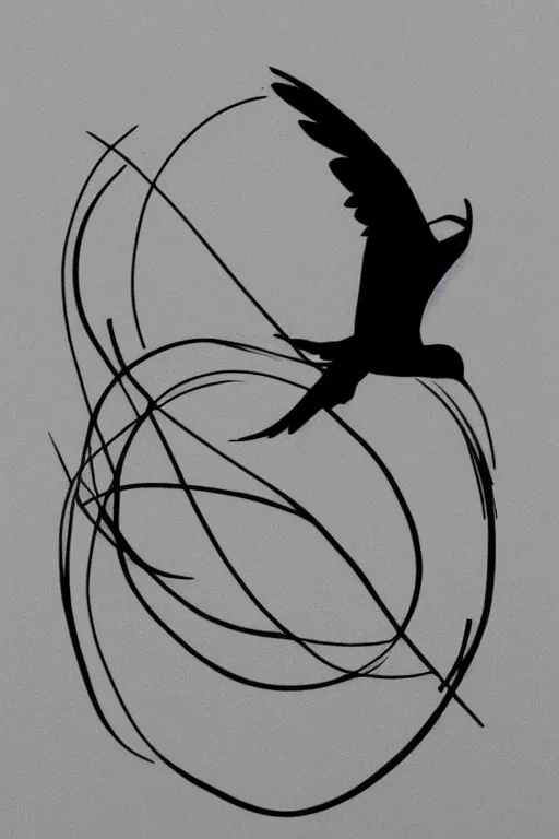Prompt: a simple tattoo design of minimalist birds flying into in semi circle lines and simple basic shapes, black ink, abstract logo, line art