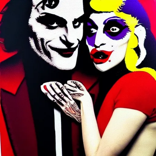 Prompt: mimmo rottela and banksy as joaquin phoenix skinny joker holding hand lady gaga harley queen, ultra realistic, intricate details, pop art style, concept art, 3 colors, 4 k, smooth, sharp focus