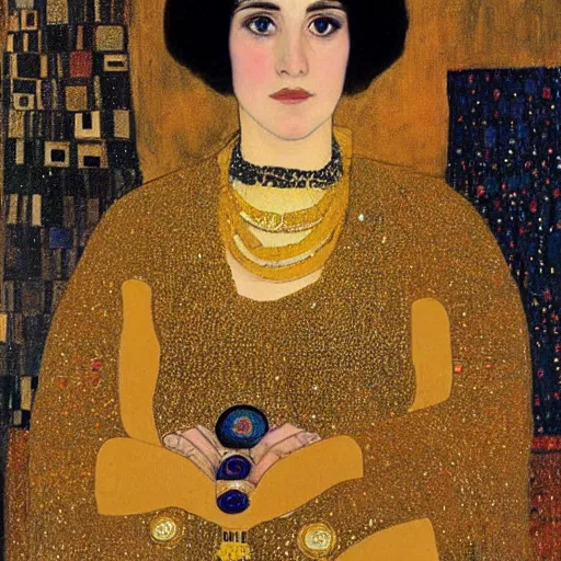 Prompt: a portrait of feminine benjamin netanyahu in gold garbs and jewels, by gustave klimt