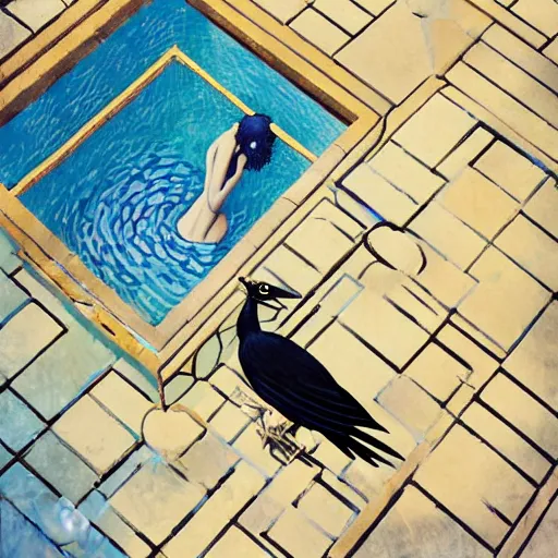 Image similar to floating deflective ancient pool web magpie pot metal album cover packet, by ghibli studios and henri matisse and banksy, photography, cubist, storybook illustration