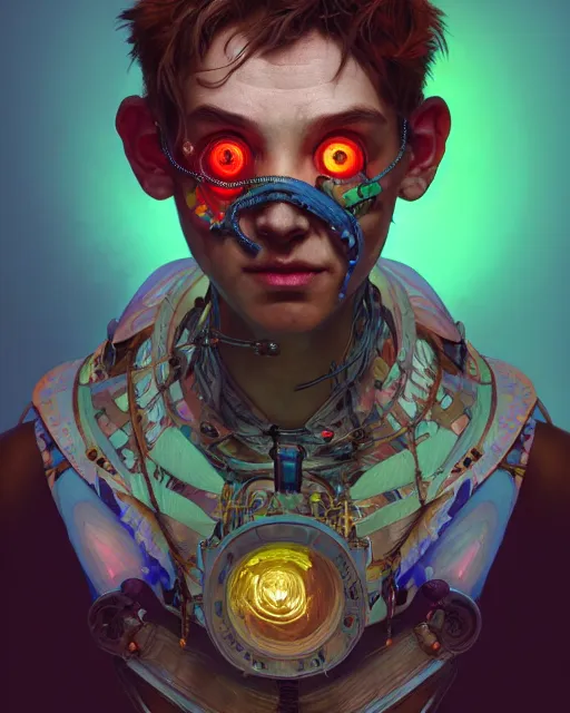 Image similar to portrait of a patchwork boy, bioluminescent, wires, horror, asymmetrical art, highly detailed, concept art, cinematic, hyperrealism, epic, art by stanley lau and artgerm and magali villeneuve and alphonse mucha and pixar, artstation, octane render, cgsociety