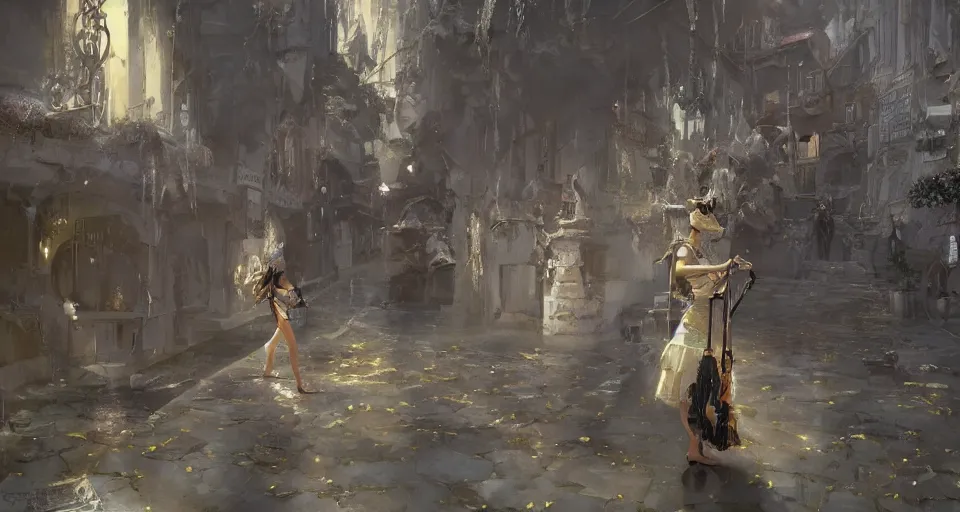 Prompt: craig mullins and ghibli digital art of stage, masked female violinists, solo performance ， exotic costumes, gold jewelry, black hair, realistic shading, cinematic composition, realistic render, octane render, detailed textures, photorealistic, wide shot