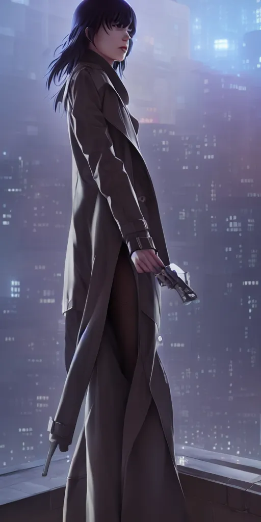 Image similar to realistic render of a cyborg - girl wearing a long trench coat by ross draws, futuristic dystopian city by ilya kuvshinov, digital anime art by ross tran, composition by sana takeda, lighting by greg rutkowski