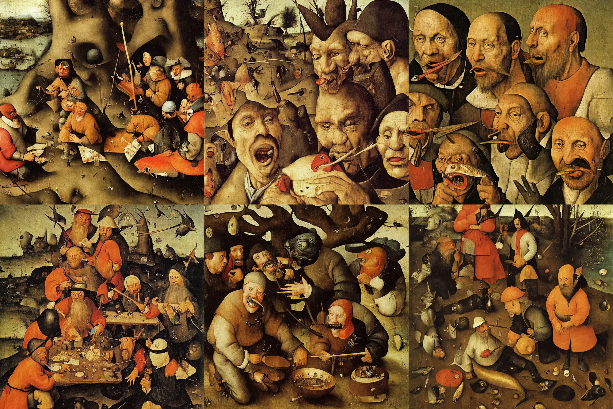 Prompt: The medium portrait of sarcastic men with fish tales and gold inside their mouths by Hieronymus Bosch and Pieter Bruegel, highly detailed oil painting, 4k, masterpiece