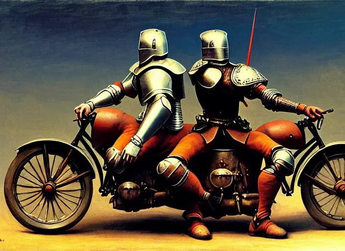 Image similar to attractive knight and his attractive male knight, they are in love sitting on a motorcycle, rome, highly detailed, soft lighting, elegant, works by gaston bussier, edward hopper and james gillard, zdislaw beksinski, stephen outram, andreas m wiese, highly detailed