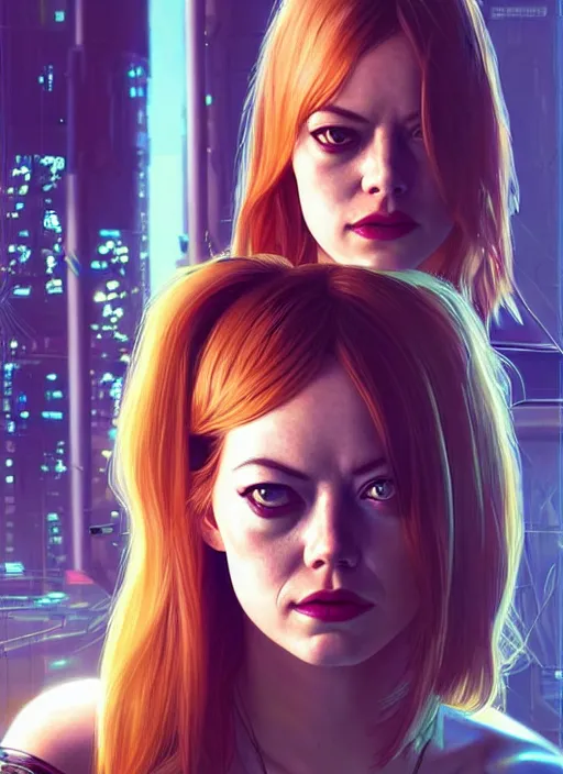 Prompt: portrait of Emma Stone as an actress character in Cyberpunk 2077, looking at camera, intricate, long blond hair, elegant, sci-fi, extremely detailed, digital painting, artstation, concept art, smooth, sharp focus, illustration, ambient lighting, incredible art by artgerm and greg rutkowski and alphonse mucha and simon stalenhag