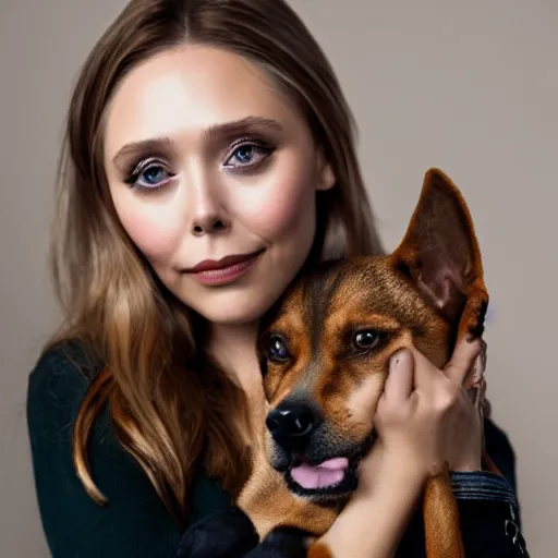 Image similar to Elizabeth Olsen holding a dog in her hands, photorealistic, 4k, 8k, trending on artstation