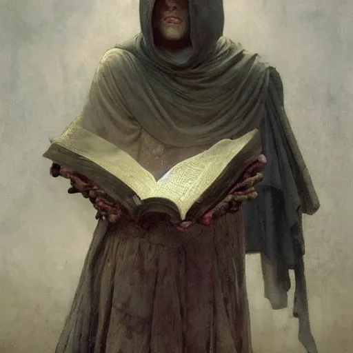 Prompt: half portait of assassini wearing a closed cowl and big old book! chained to the wrist, jeremy mann, jean - leon gerome, tiepolo, alphonse mucha, greg rutkowski, face in the shadows, ( ( ruins of ancient rome ) ), at dusk, mysterious atmosphere, sunrays, dof, high detailed, 8 k