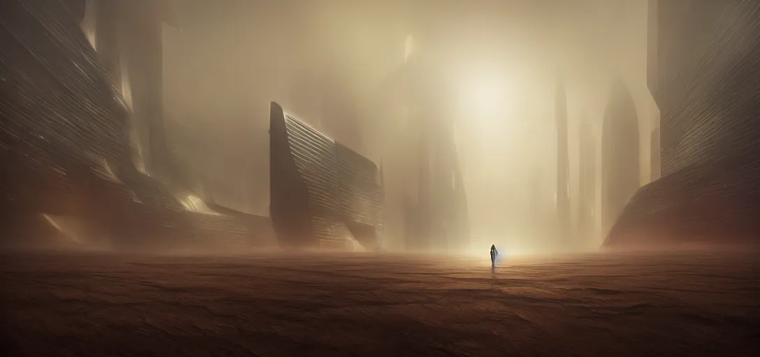 Image similar to view from the desert ground fire night stars of futuristic mechanical blade runner brutalist architecture, radiosity, dense fog, light rays, lens flare, symmetry, cinematic lighting, ultra detailed, sharp, ambient occlusion, bloom, raytracing, by greg rutowski, paul chadeisson and jessica rossier