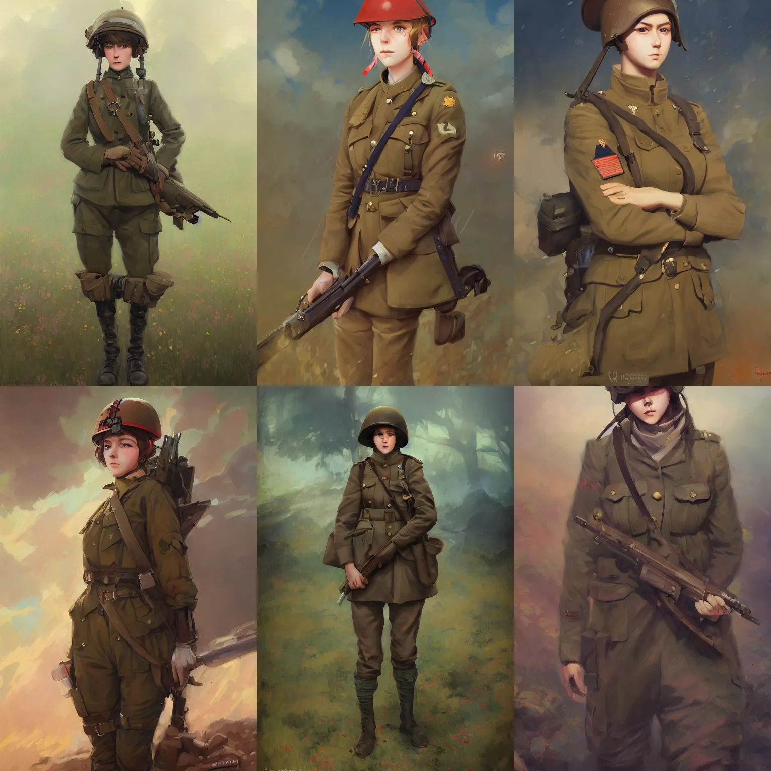 Prompt: a portrait of a cute female world war one soldier, trench warfare setting, vivid colors, soft lighting, atmospheric, cinematic, moody, in the style of ilya kuvshinov and range murata, krenz cushart, rule of thirds, oil on canvas, 8 k