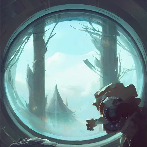 Image similar to a man looking out of a round window from space by peter mohrbacher, jeremy mann, greg rutkowski, android james, ross tran, beautiful, award winning scenery, 8 k quality, clean details, serene, sakura season