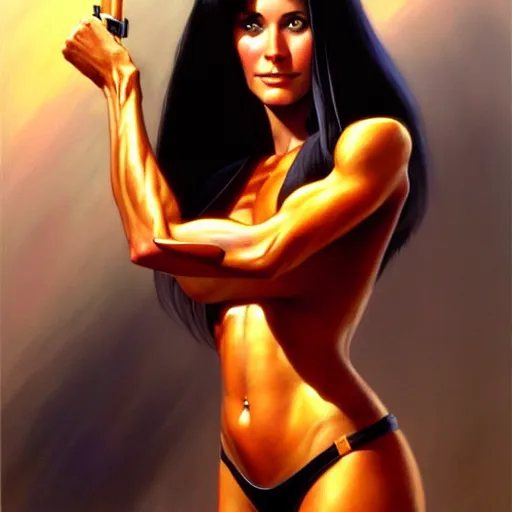 Image similar to portrait of young courtney cox as an amazon girl, painted by stanley artgerm, boris vallejo, fantasy art, sleek curves, sharp focus, trending on artstation hq, deviantart