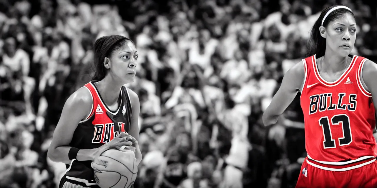 Image similar to candace parker in bulls jersey, high contrast, high saturation cinematic film still