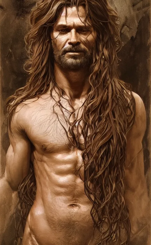 Prompt: portrait of the god of the forest, 40 years old, long hair, rugged, male, gorgeous, detailed face, amazing, exposed thighs!!!!!!, muscular, intricate, highly detailed, digital painting, artstation, concept art, sharp focus, illustration, art by greg rutkowski and alphonse mucha