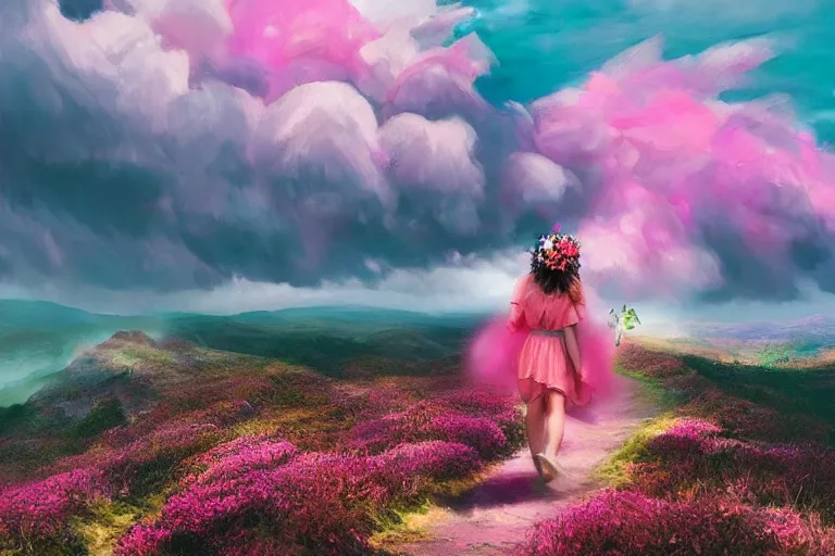 Image similar to giant dahlia flower crown under head, girl walking on mountain, surreal photography, pink storm clouds, dramatic light, impressionist painting, digital painting, artstation, simon stalenhag