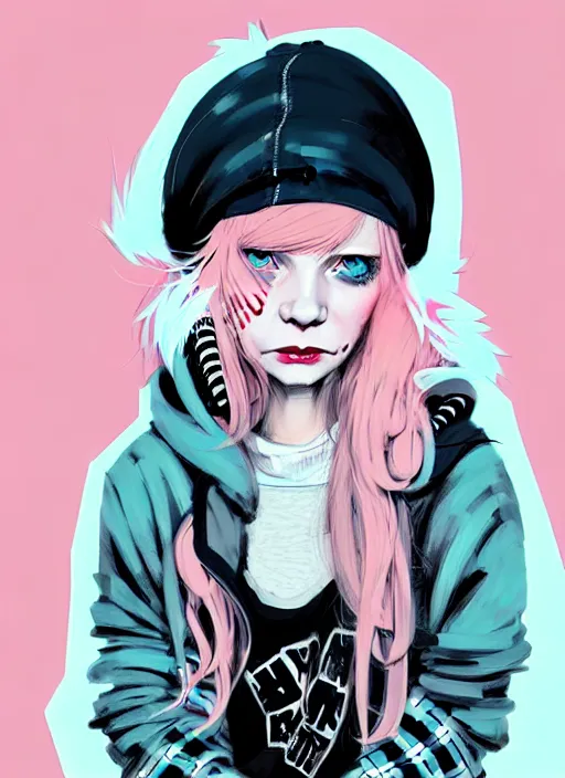 Image similar to highly detailed portrait of a swedish sewer punk lady student, blue eyes, tartan hoody, hat, white hair by atey ghailan, by greg tocchini, by kaethe butcher, gradient pink, black, brown, cream and light blue color scheme, grunge aesthetic!!! ( ( graffiti tag wall white background ) )