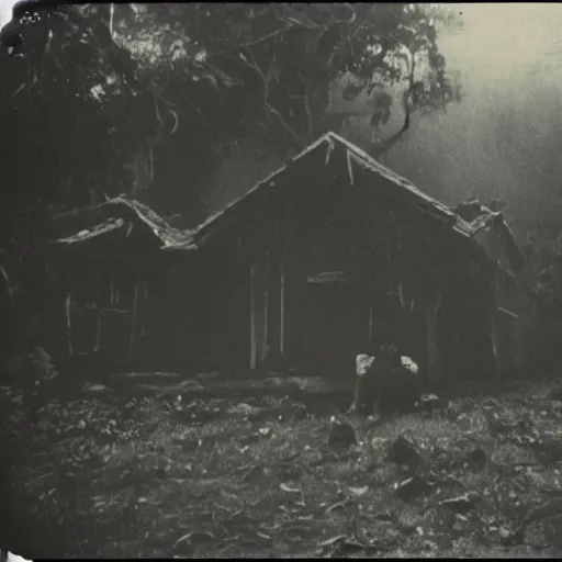 Image similar to an ancient demon-girl devouring the souls of the human kind on an abandoned house, Colombian jungle, mist, 1910 polaroid photography, grainy film, resident evil, Black and white