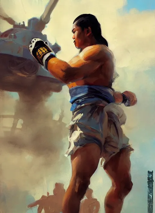 Image similar to greg manchess side portrait of a filipino mma fighter with a sword standing in front of a tank, organic painting, sunny day, matte painting, bold shapes, hard edges, street art, trending on artstation, by huang guangjian, gil elvgren, ruan jia, randy vargas, greg rutkowski