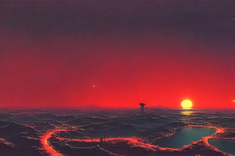 Image similar to awe inspiring bruce pennington landscape, digital art painting of 1 9 6 0 s, japan at night, red sunset, 4 k, 8 k, detailed