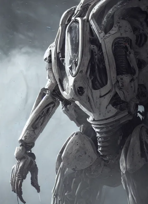 Image similar to a photorealistic dramatic hyperrealistic render of a predator the alien hunter exosuit in white bone armor, ultra realistic details, well worn by paul dave malla, cedric seaut from artstation, beautiful dramatic dark moody tones and lighting, cinematic atmosphere, studio lighting, global illumination, shadows, dark background, concept design art octane render, 8 k