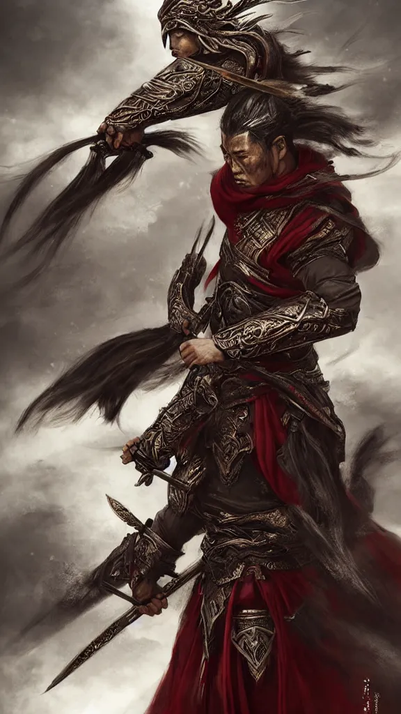 Prompt: old wuxia warrior in ceremonial armor. dark fantasy. digital art. high detail. sharp focus. high resolution. by a. j. manzanedo