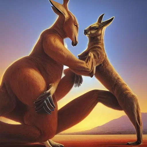 Prompt: man wrestles a kangaroo, Jim burns, Hildebrandt, artstation, artgerm, kangaroo fight