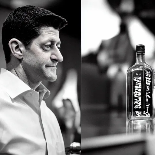 Prompt: Former House Speaker Paul Ryan and an empty bottle. CineStill