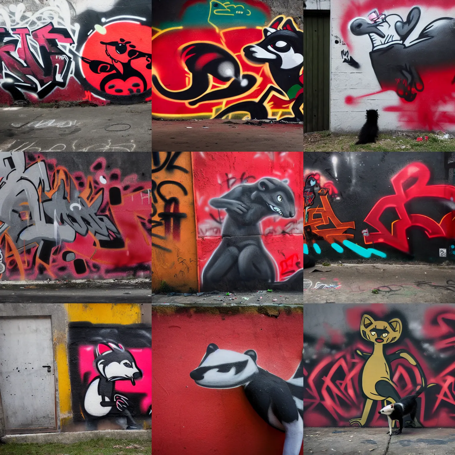 Prompt: photo ( far _ shot ), subject [ furry _ fandom _ fursona _ original _ character ( red - black, anthropomorphic _ humanoid, weasel - ferret - stoat ) ], background ( dark _ smoke ), medium [ graffiti ( spray _ paint, concrete _ wall ) ], location ( rio - de - janeiro, favela )