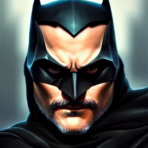 Image similar to handsome Joaquin Phoenix as batman, western, closeup, D&D, fantasy, intricate, elegant, highly detailed, digital painting, artstation, concept art, matte, sharp focus, illustration, art by Artgerm and Greg Rutkowski and Alphonse Mucha