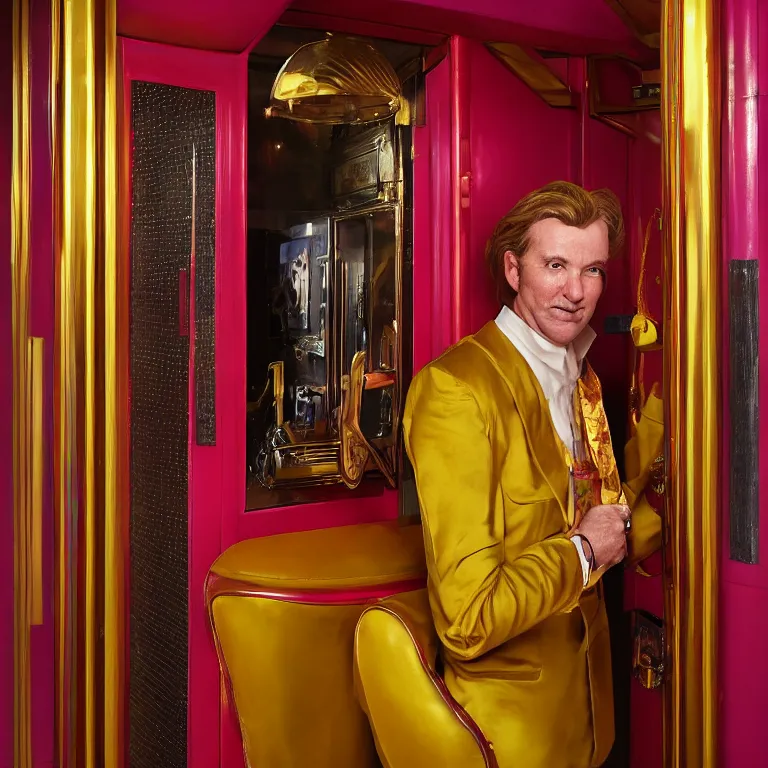 Prompt: professional octane render portrait by wayne barlow and carlo crivelli and glenn fabry, a flamboyant man in a bright colorful saturated wes anderson elevator operator costume inside a dark and moody vintage elevator in a high - end exotic vintage boutique hotel, very short depth of field, bokeh