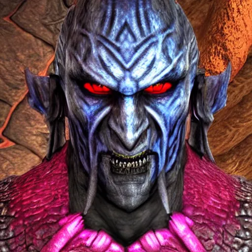 Prompt: Bright, colorful, realistic dark gritty individual elder scrolls morrowind Dagoth Ur, known as Voryn Dagoth in life, and whom Vivec would later come to call The Sharmat, was a powerful Chimer lord and Lord High Councillor to House Dagoth, and is the main antagonist of The Elder Scrolls III: Morrowind head shot backlighting, kodachrome, high contrast, highly detailed, sharp focus, digital painting, concept art, illustration, trending on artstation, comic book by Alex Ross cover art