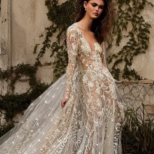 Image similar to a long wedding dress with a train made of flower petals made of light - colored fabric. transparent in places. in places, patterns of precious stones. intricate patterns of gold thin threads. fantasy. clear details