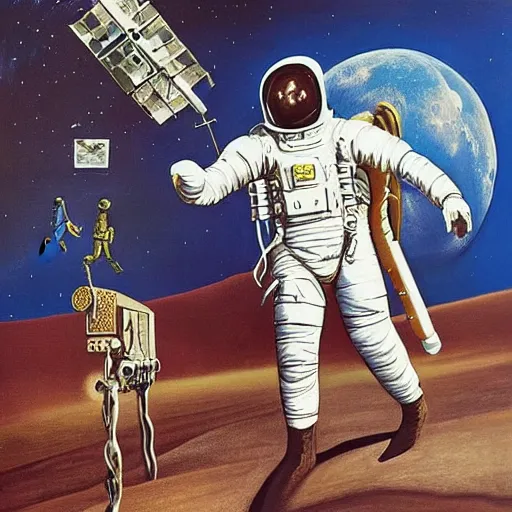 Prompt: painting of john wick in astronaut suit fighting with predators on the moon, created by salvador dali, pistols