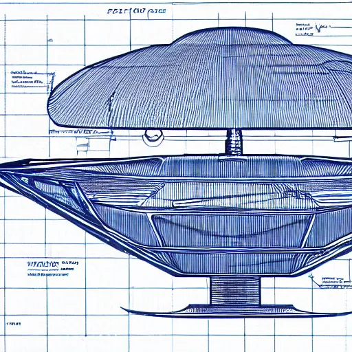 Image similar to a detailed blueprint of an advanced UFO spacecraft, blue lines, high contrast