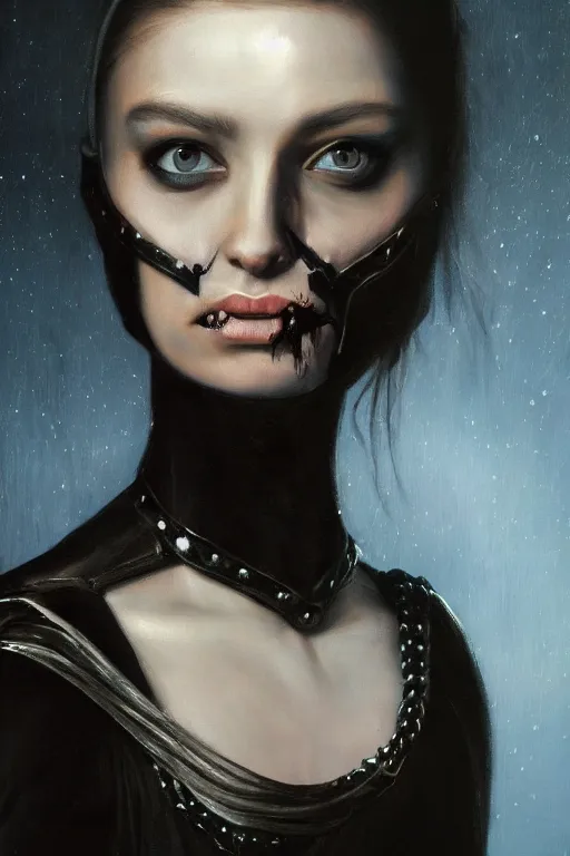 Image similar to hyperrealism oil painting, close - up portrait of european medieval brunette vampire fashion model, knight, steel gradient mixed with nebula sky, in style of baroque