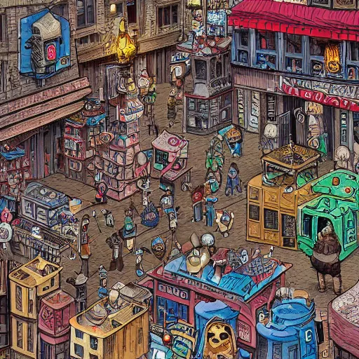 Prompt: city marketplace with mixed medieval and cyberpunk architecture, with many strange sentient beings, many goblins, shopping for colorful baubles and objects, horror vacui, extremely detailed illustration inspired by where's waldo, wimmelbilder drawings