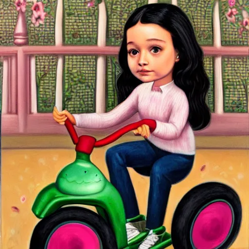 Prompt: Ariana Greenblatt on a tricycle, lowbrow painting by Mark Ryden